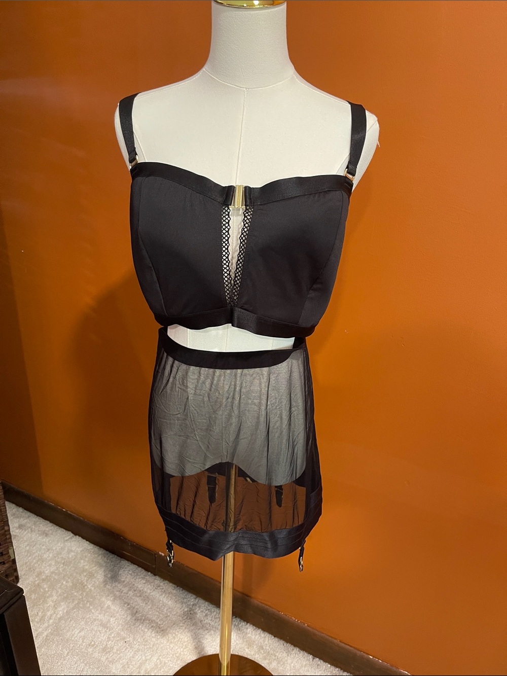 Black Bandeau Bralette with mesh garter skirt and thong